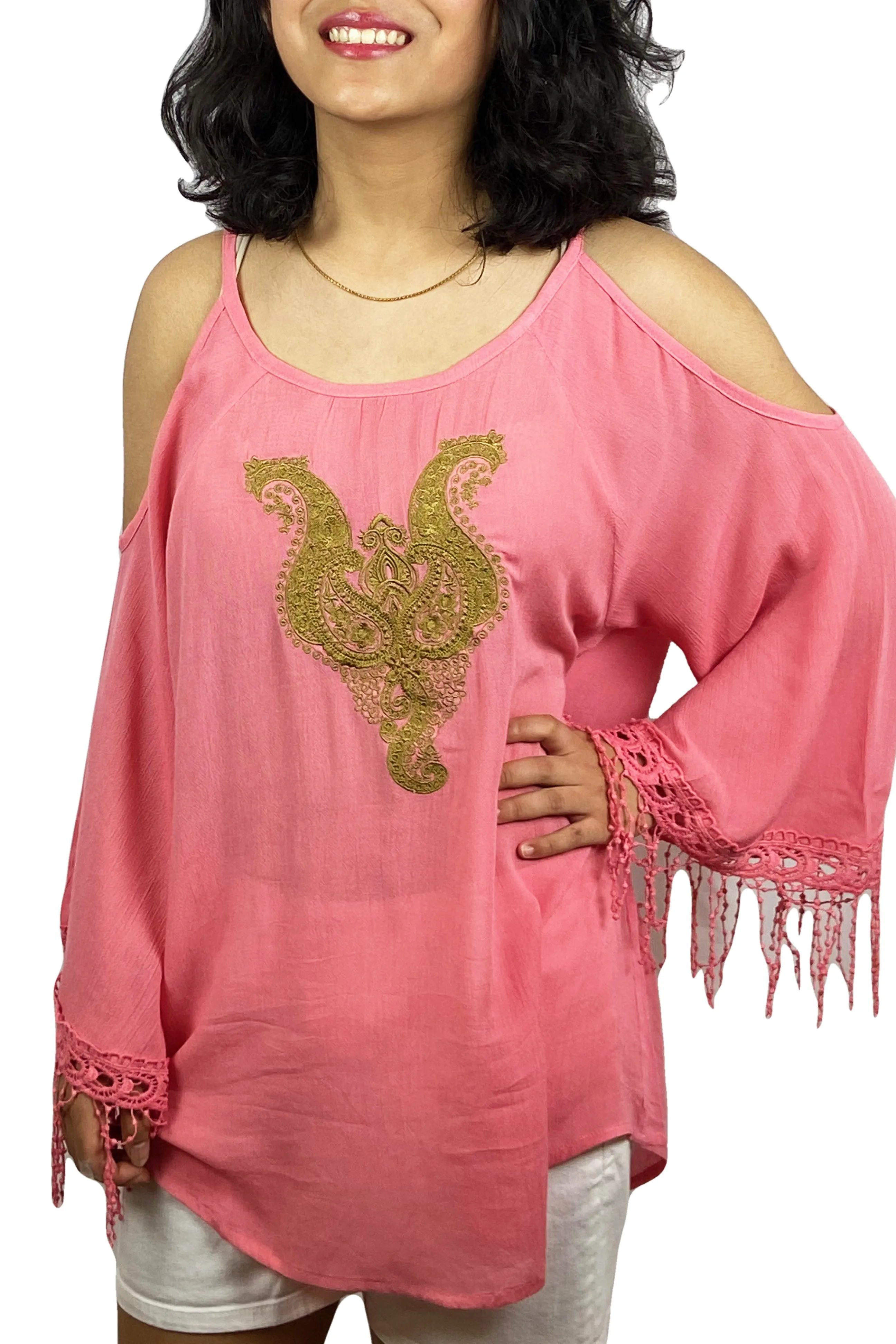 3541 B Rayon Crepe Cold Shoulder Bell Sleeve Bohemian Gypsy Tunic Blouse