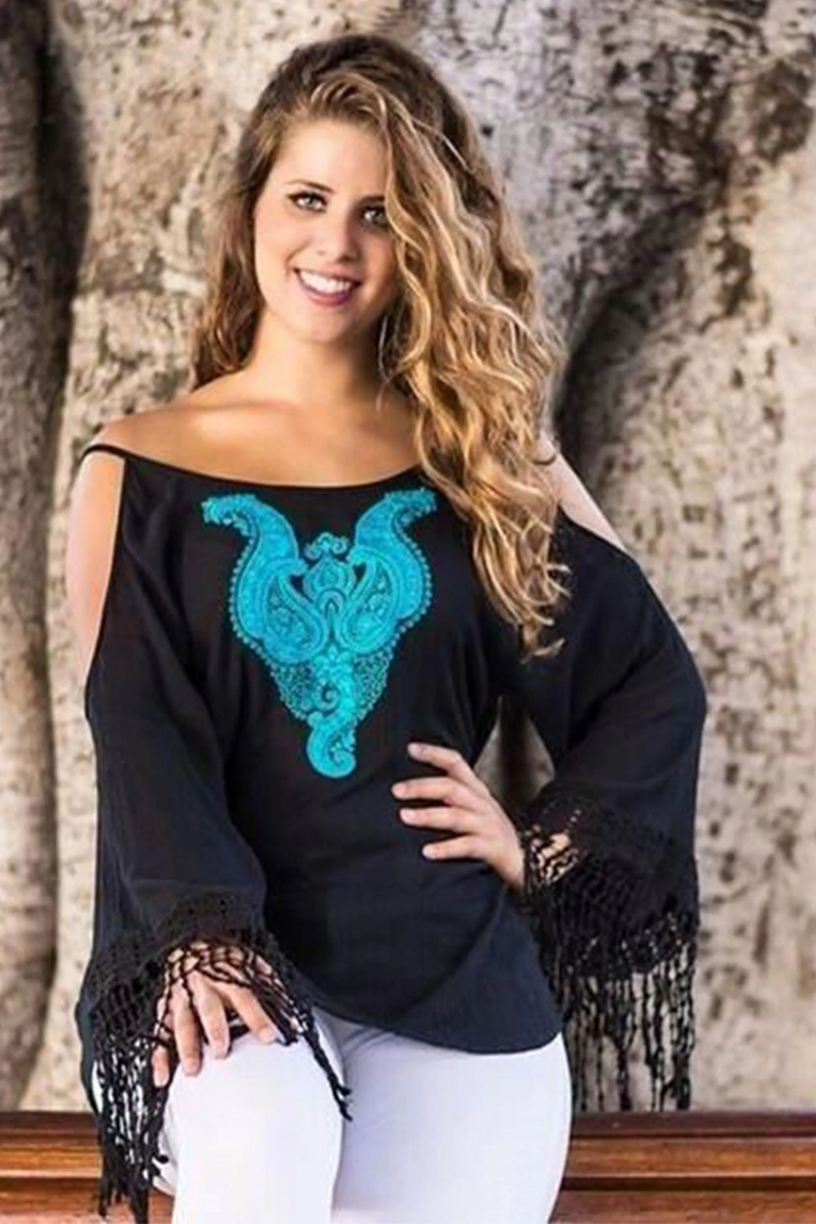 3541 B Rayon Crepe Cold Shoulder Bell Sleeve Bohemian Gypsy Tunic Blouse