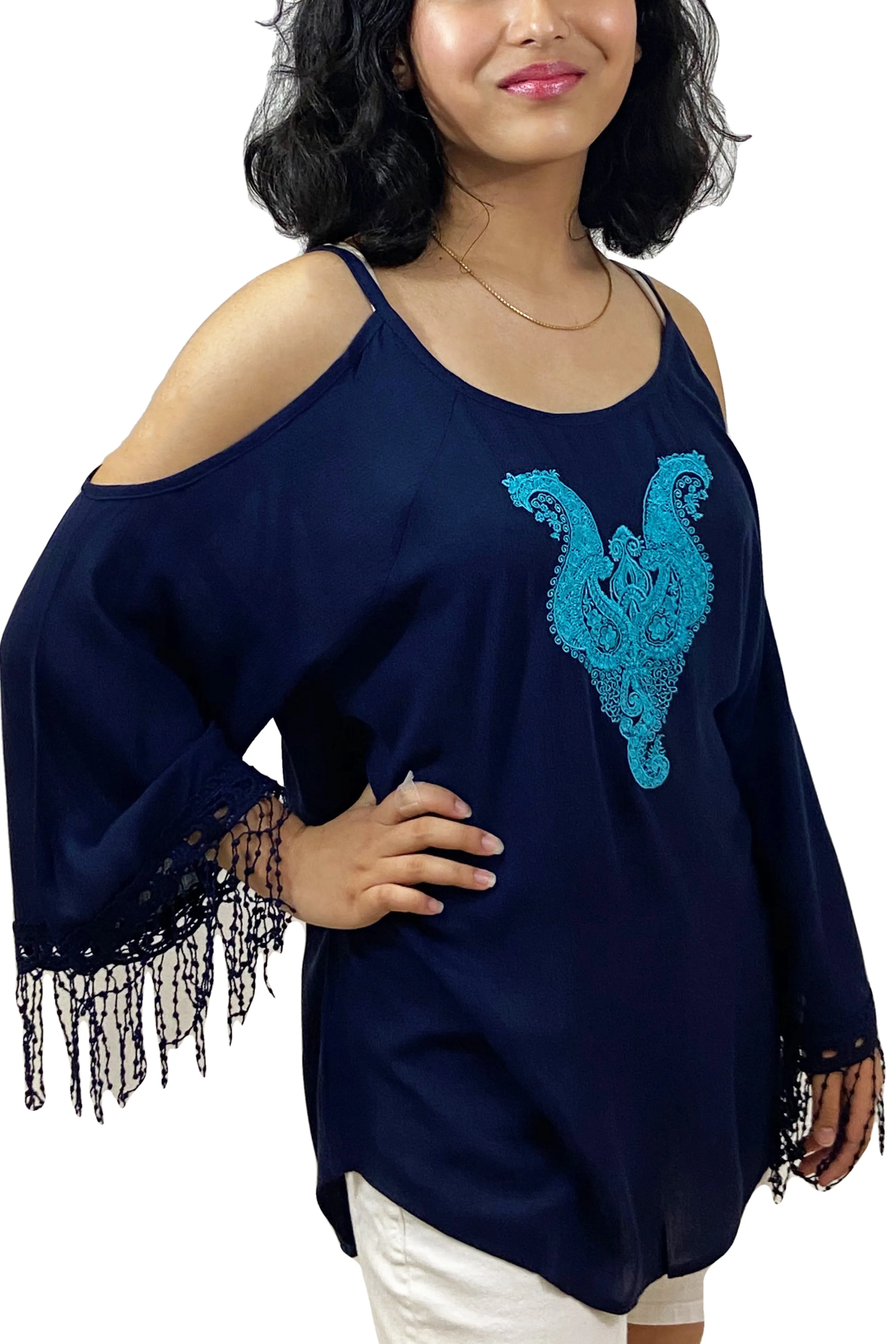 3541 B Rayon Crepe Cold Shoulder Bell Sleeve Bohemian Gypsy Tunic Blouse