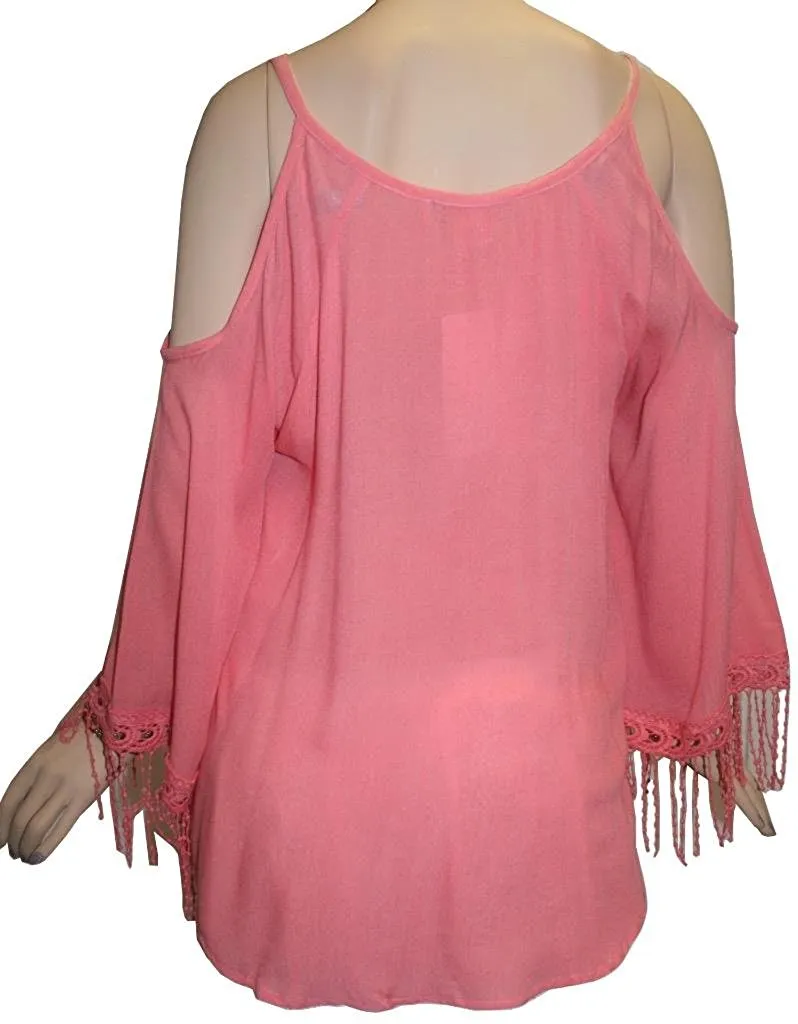 3541 B Rayon Crepe Cold Shoulder Bell Sleeve Bohemian Gypsy Tunic Blouse