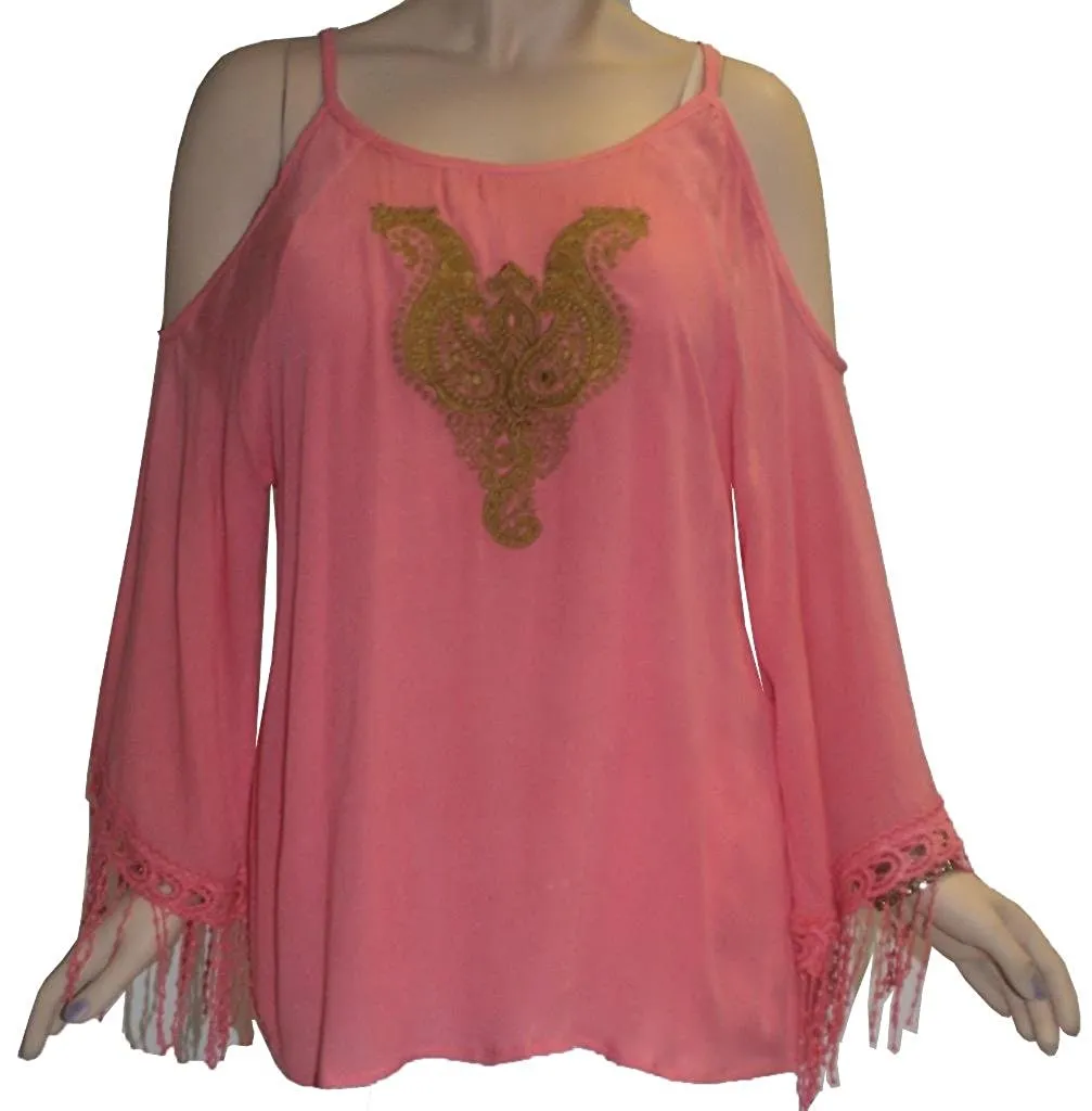 3541 B Rayon Crepe Cold Shoulder Bell Sleeve Bohemian Gypsy Tunic Blouse