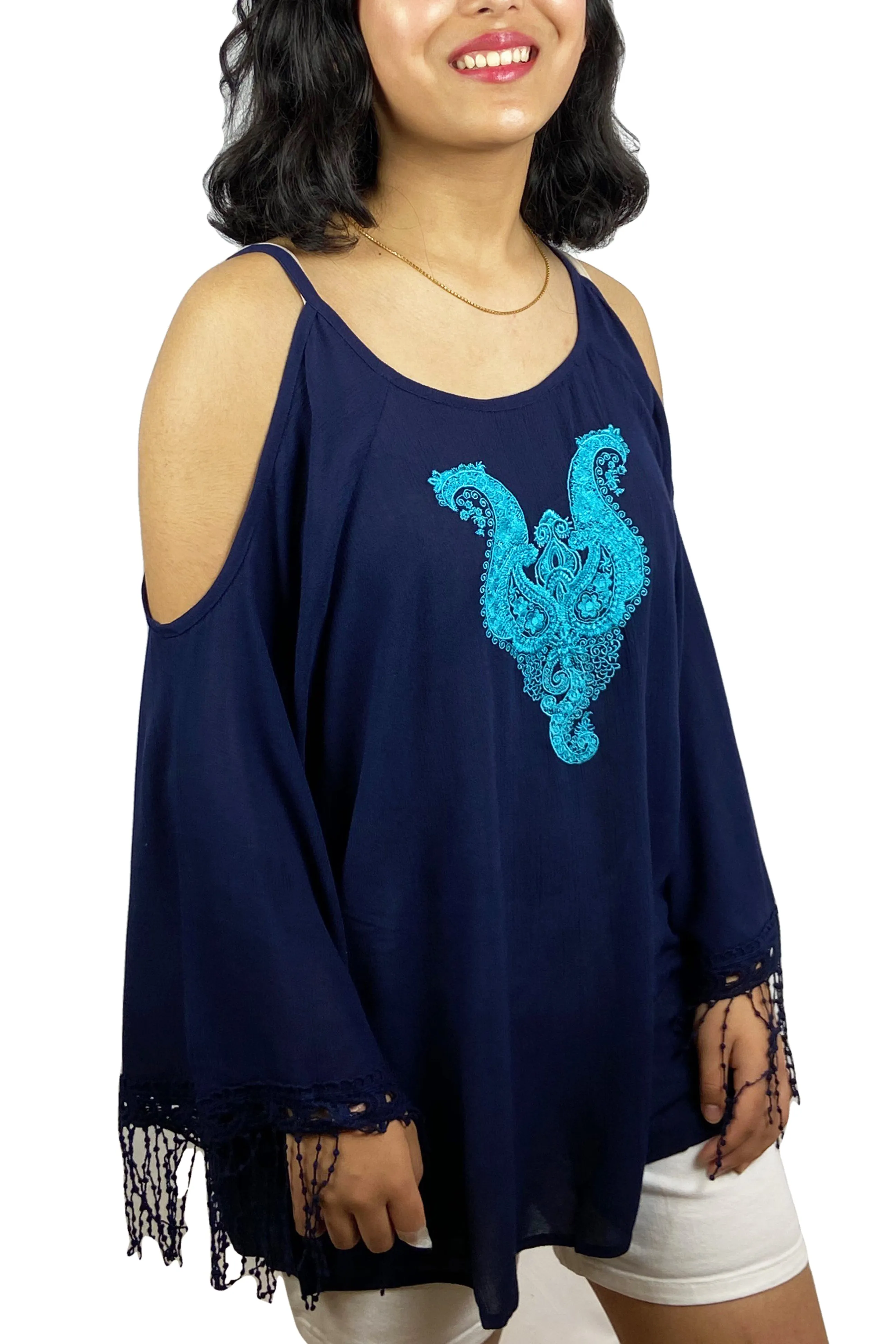 3541 B Rayon Crepe Cold Shoulder Bell Sleeve Bohemian Gypsy Tunic Blouse