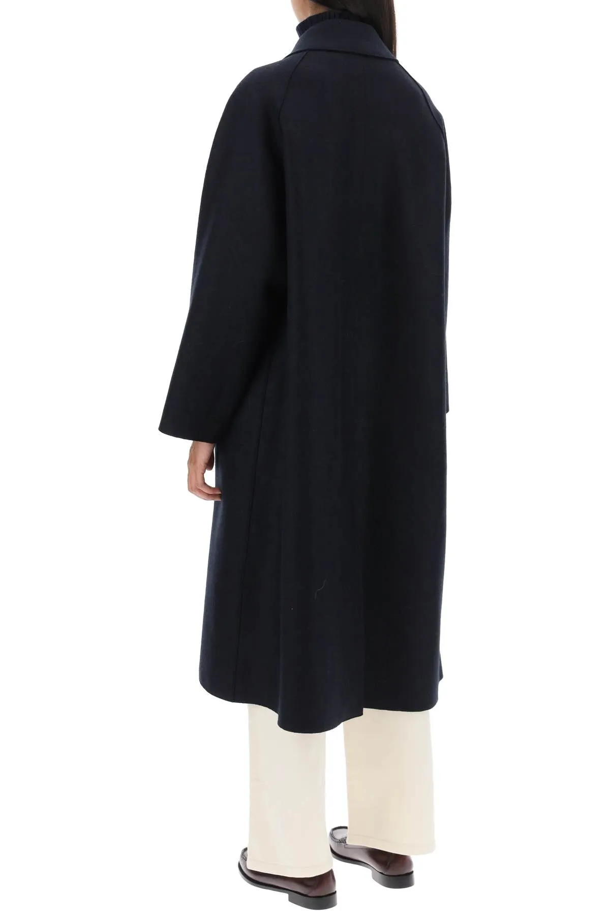 balmacaan coat in pressed wool