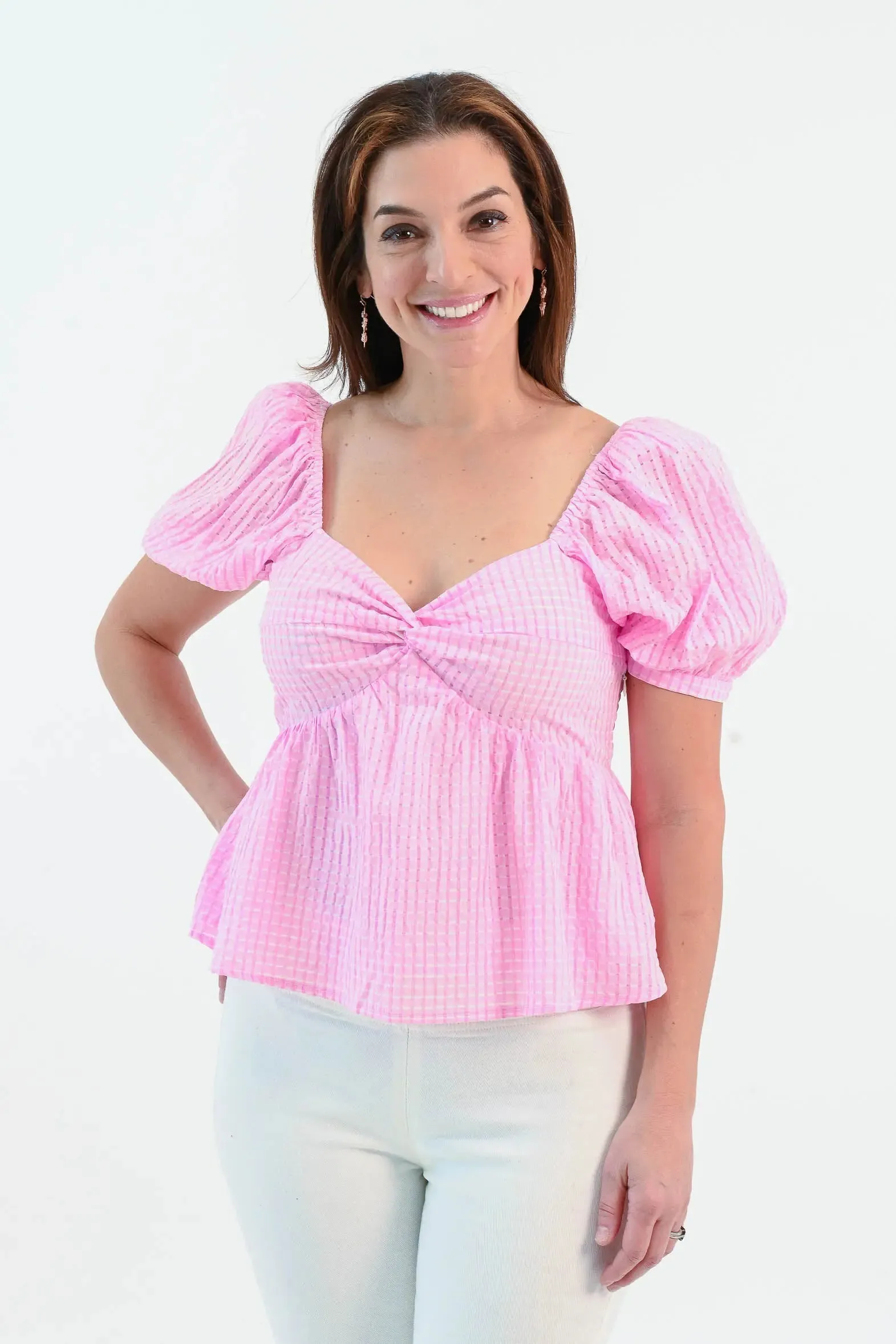 Blushing For You Puff Sleeve Pink Gingham Top