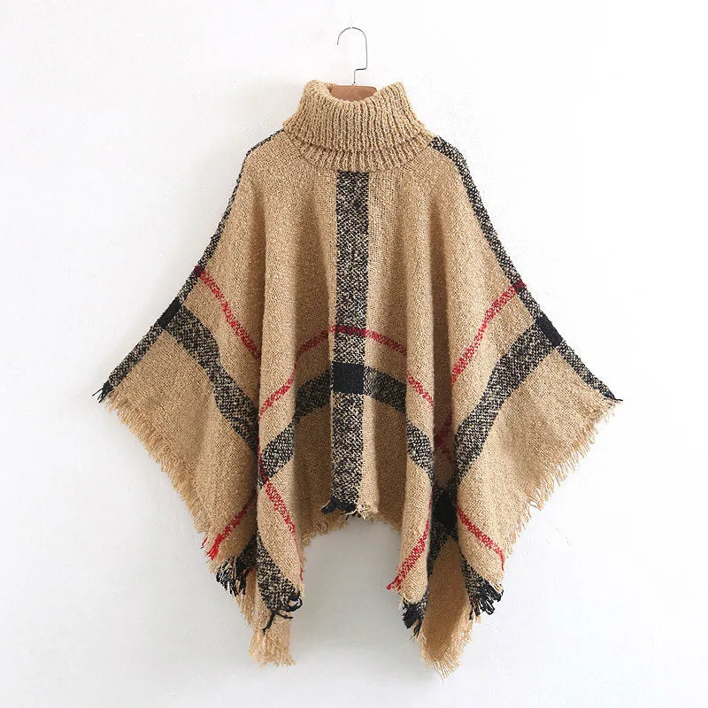 'Hayley' Plaid Turtleneck Cape Sweater (5 colors)