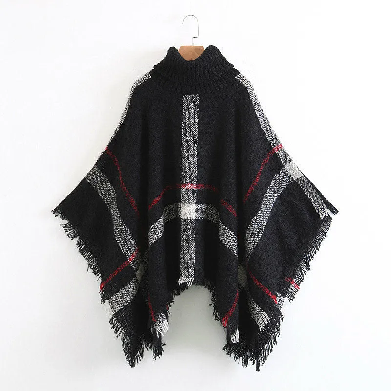 'Hayley' Plaid Turtleneck Cape Sweater (5 colors)