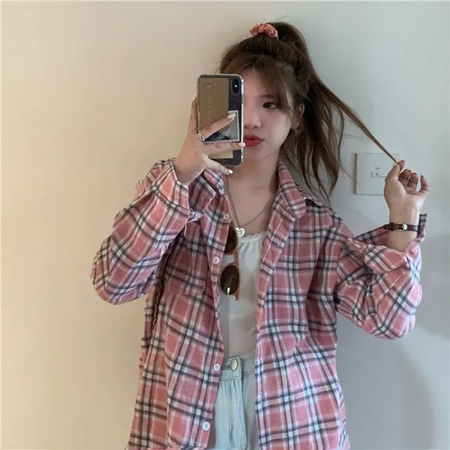 Korean  Button-Down Plaid Shirt