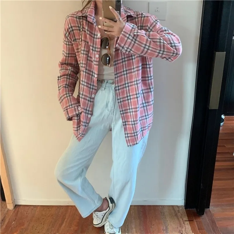 Korean  Button-Down Plaid Shirt