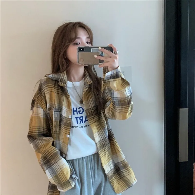 Korean  Button-Down Plaid Shirt