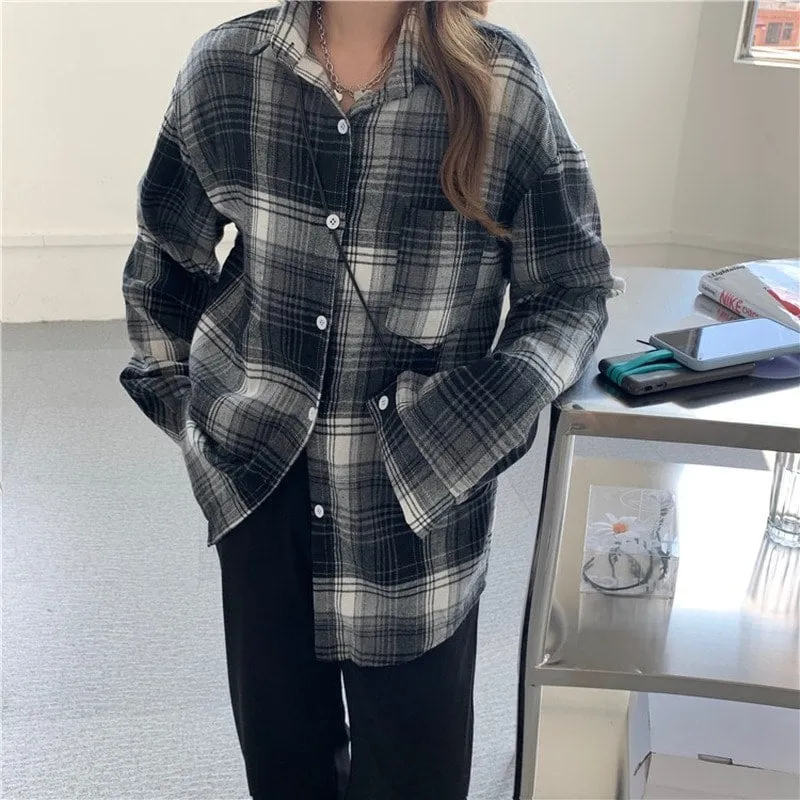 Korean  Button-Down Plaid Shirt