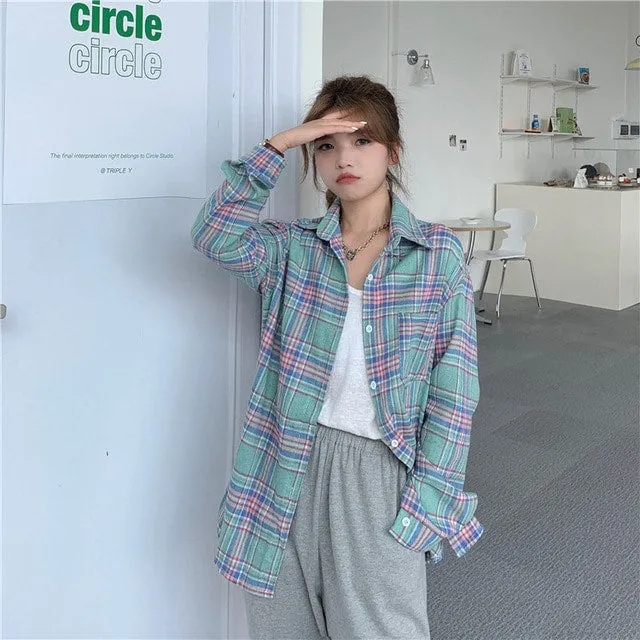 Korean  Button-Down Plaid Shirt