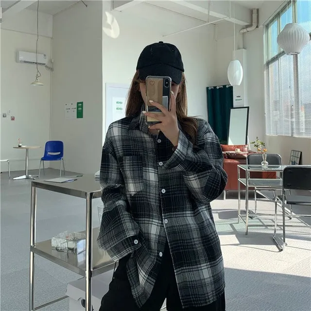 Korean  Button-Down Plaid Shirt