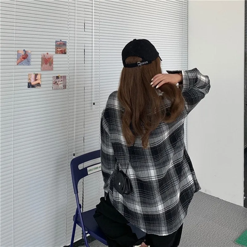 Korean  Button-Down Plaid Shirt