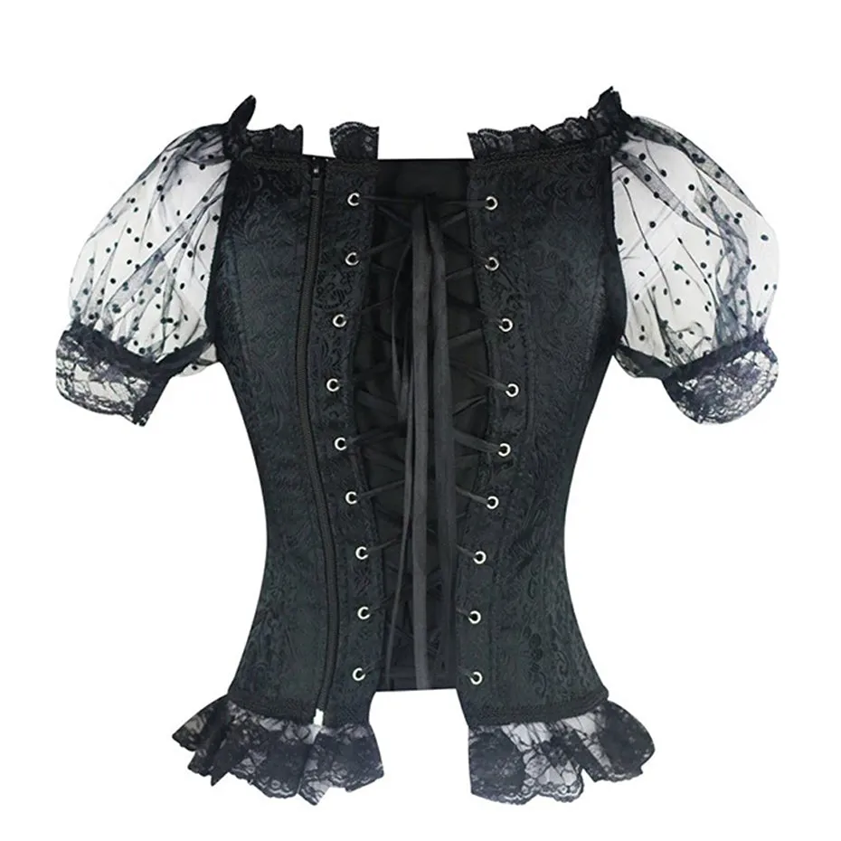 Midnight Blue Corset Front and Back Lolita Lace Puffed Sleeves Blouse