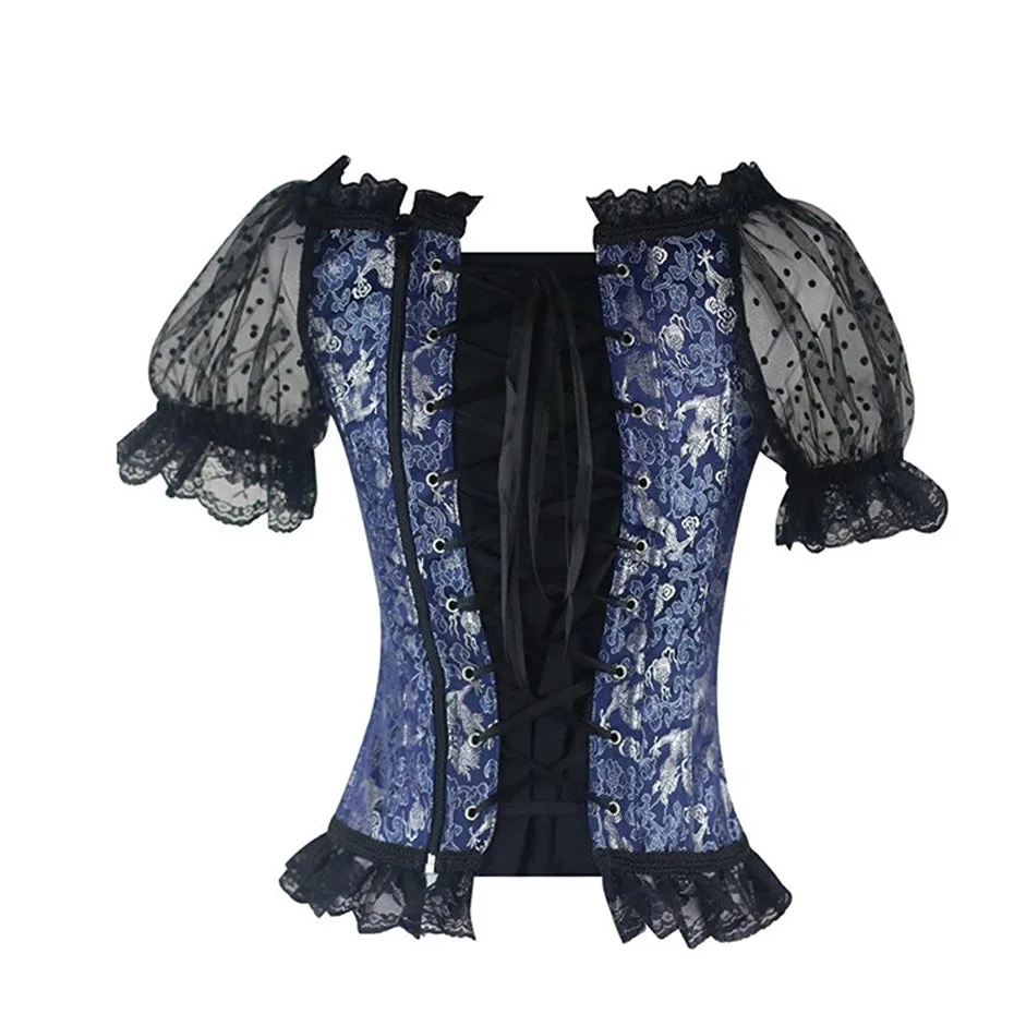 Midnight Blue Corset Front and Back Lolita Lace Puffed Sleeves Blouse