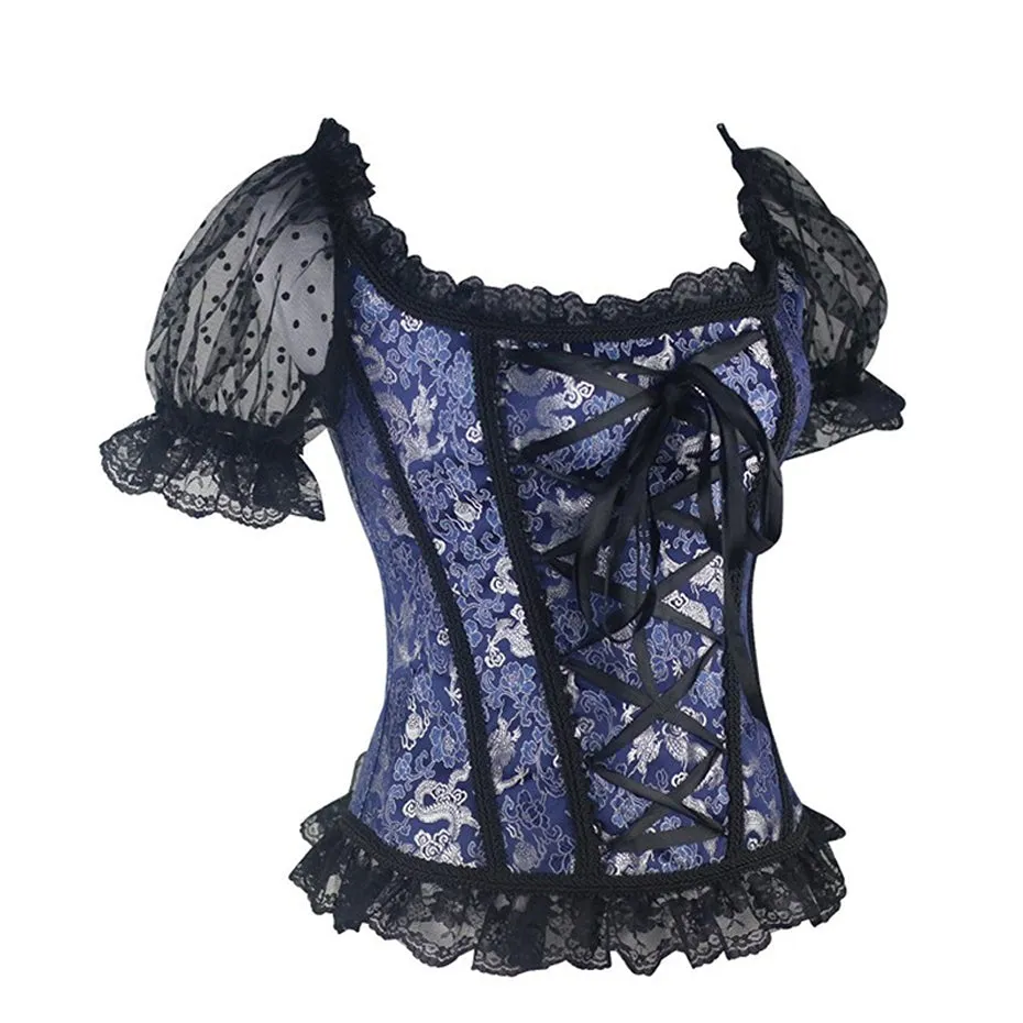 Midnight Blue Corset Front and Back Lolita Lace Puffed Sleeves Blouse