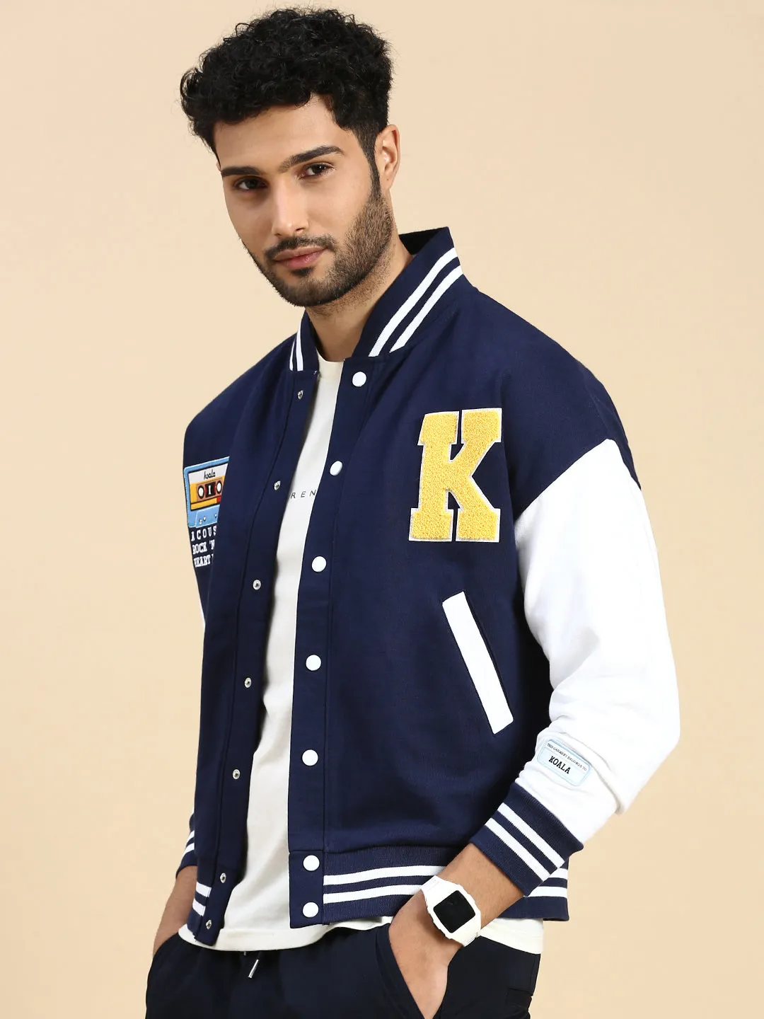 Oversized Fit Drop Shoulder Navy Blue Varsity Jacket with Patchwork
