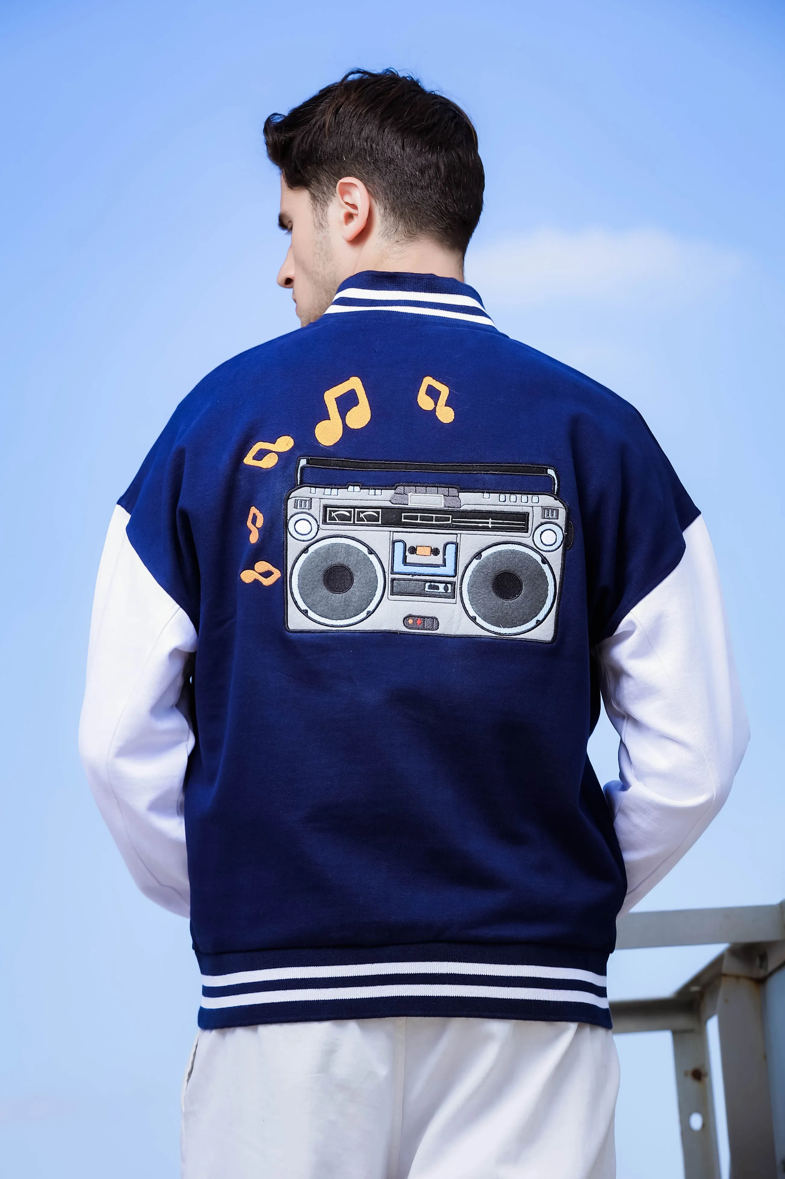 Oversized Fit Drop Shoulder Navy Blue Varsity Jacket with Patchwork