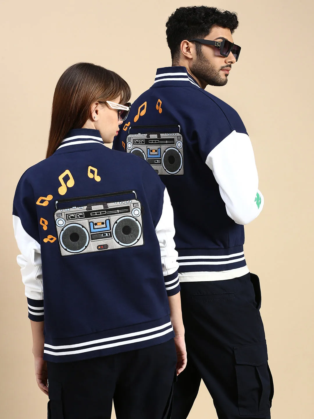 Oversized Fit Drop Shoulder Navy Blue Varsity Jacket with Patchwork