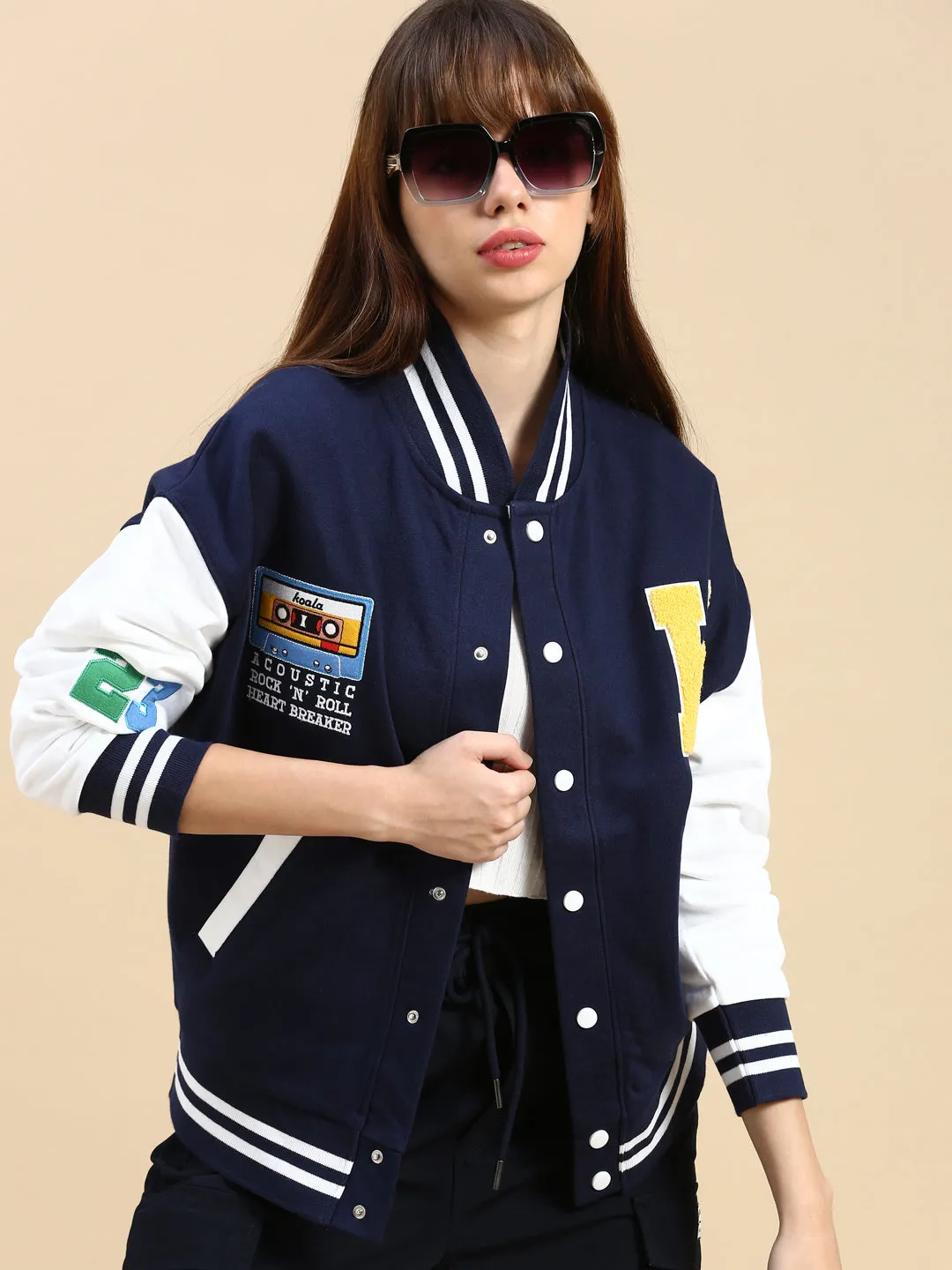 Oversized Fit Drop Shoulder Navy Blue Varsity Jacket with Patchwork