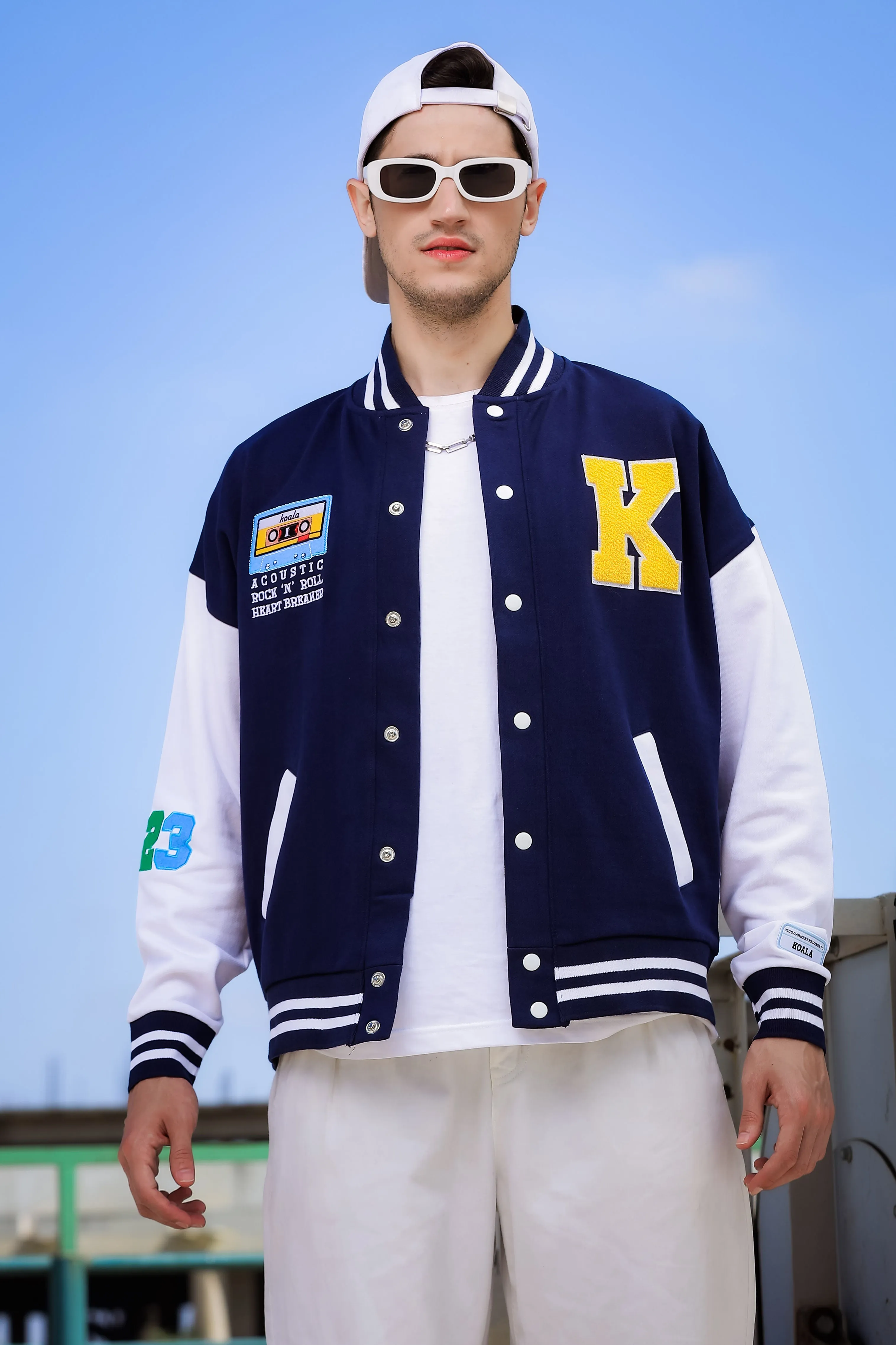 Oversized Fit Drop Shoulder Navy Blue Varsity Jacket with Patchwork