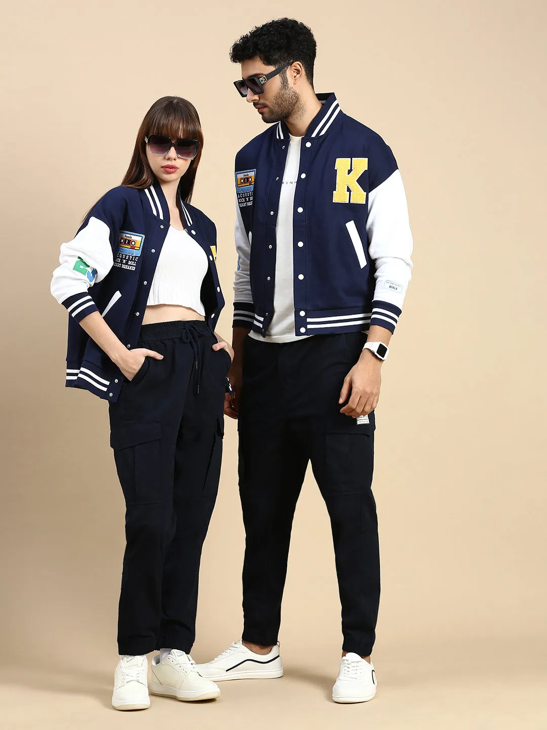 Oversized Fit Drop Shoulder Navy Blue Varsity Jacket with Patchwork