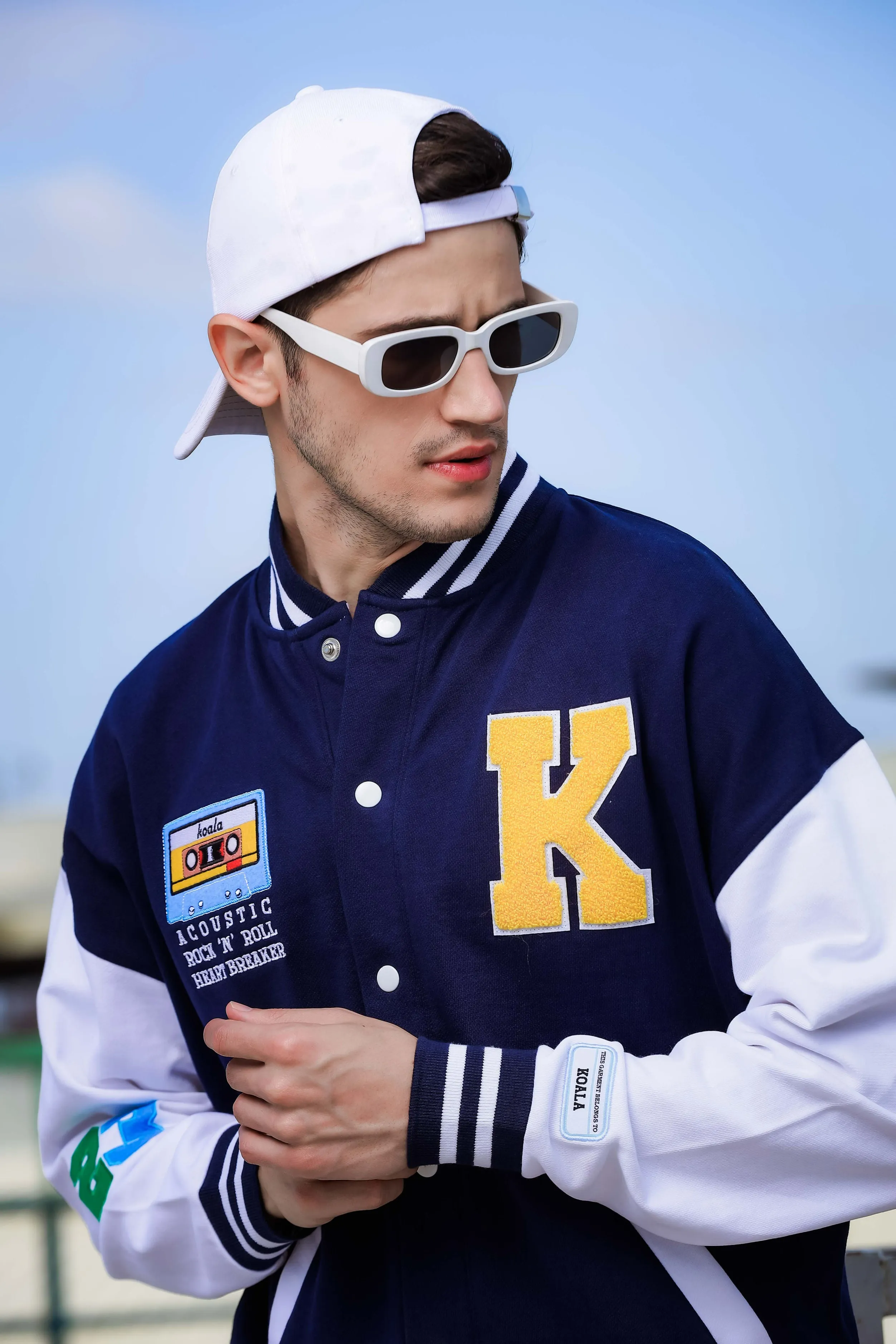 Oversized Fit Drop Shoulder Navy Blue Varsity Jacket with Patchwork