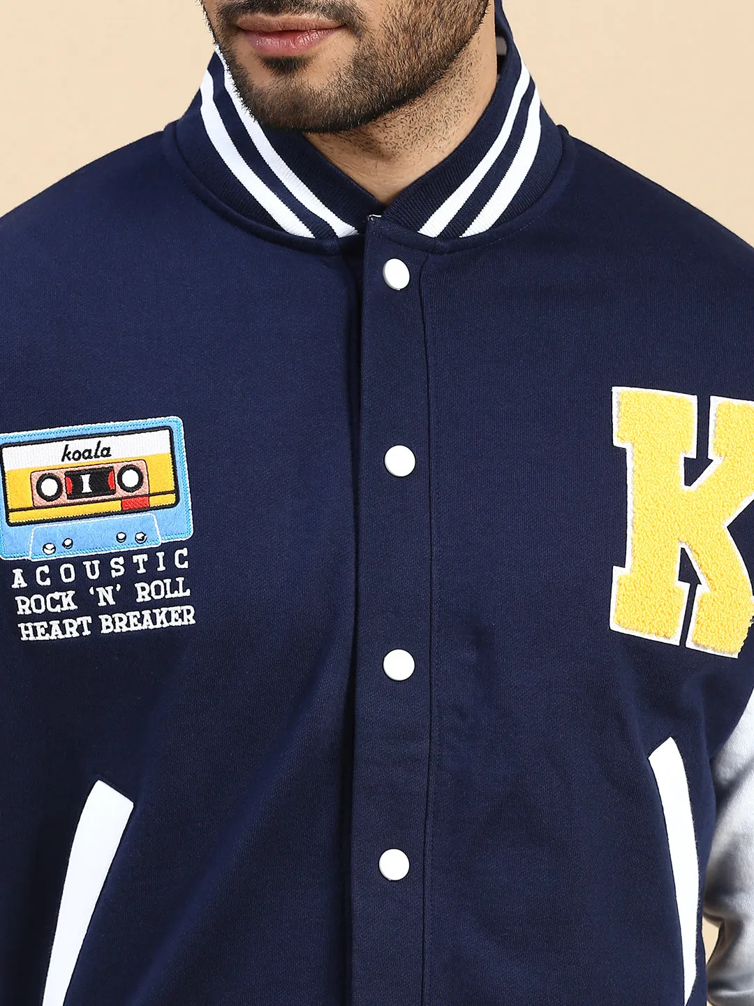 Oversized Fit Drop Shoulder Navy Blue Varsity Jacket with Patchwork