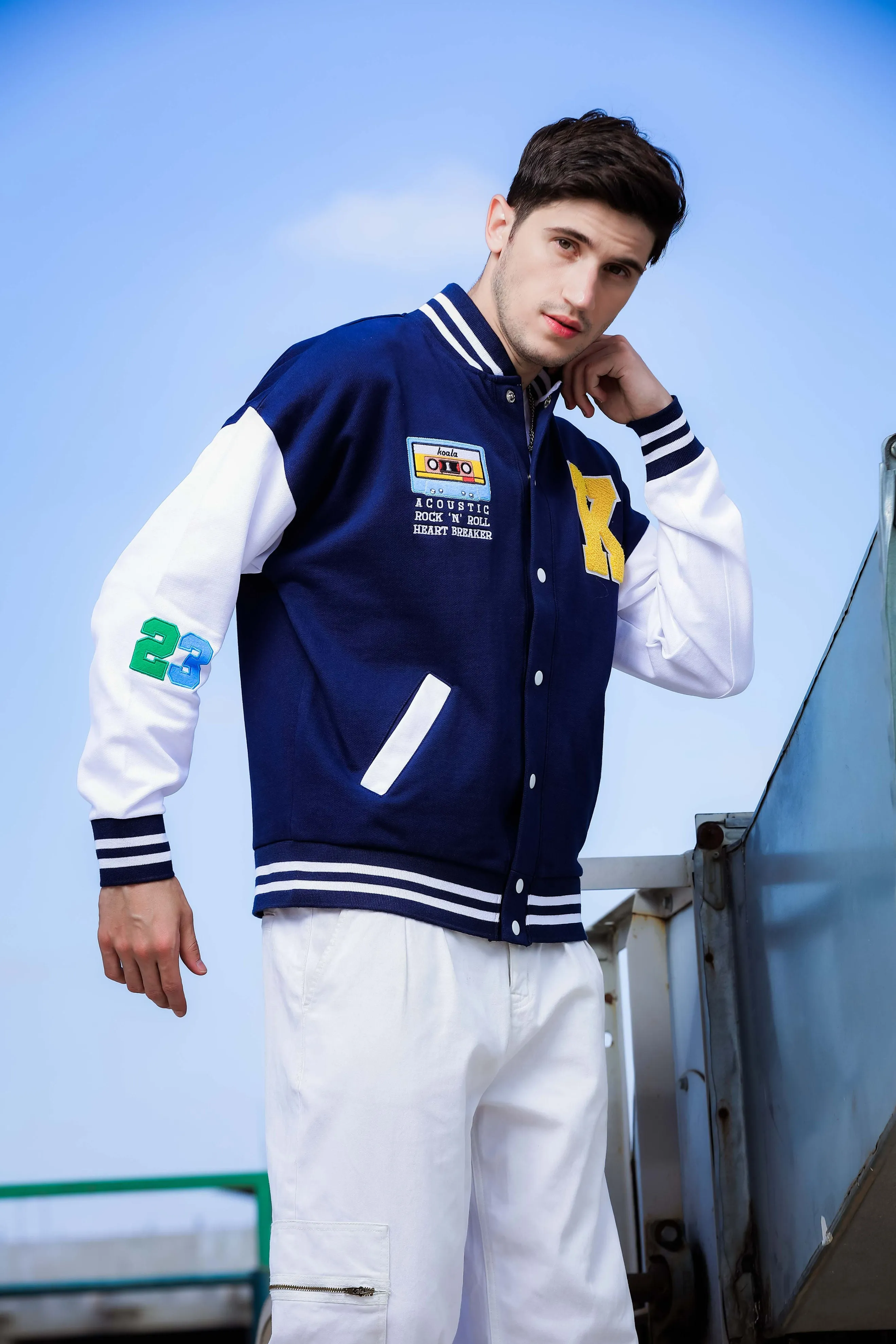 Oversized Fit Drop Shoulder Navy Blue Varsity Jacket with Patchwork