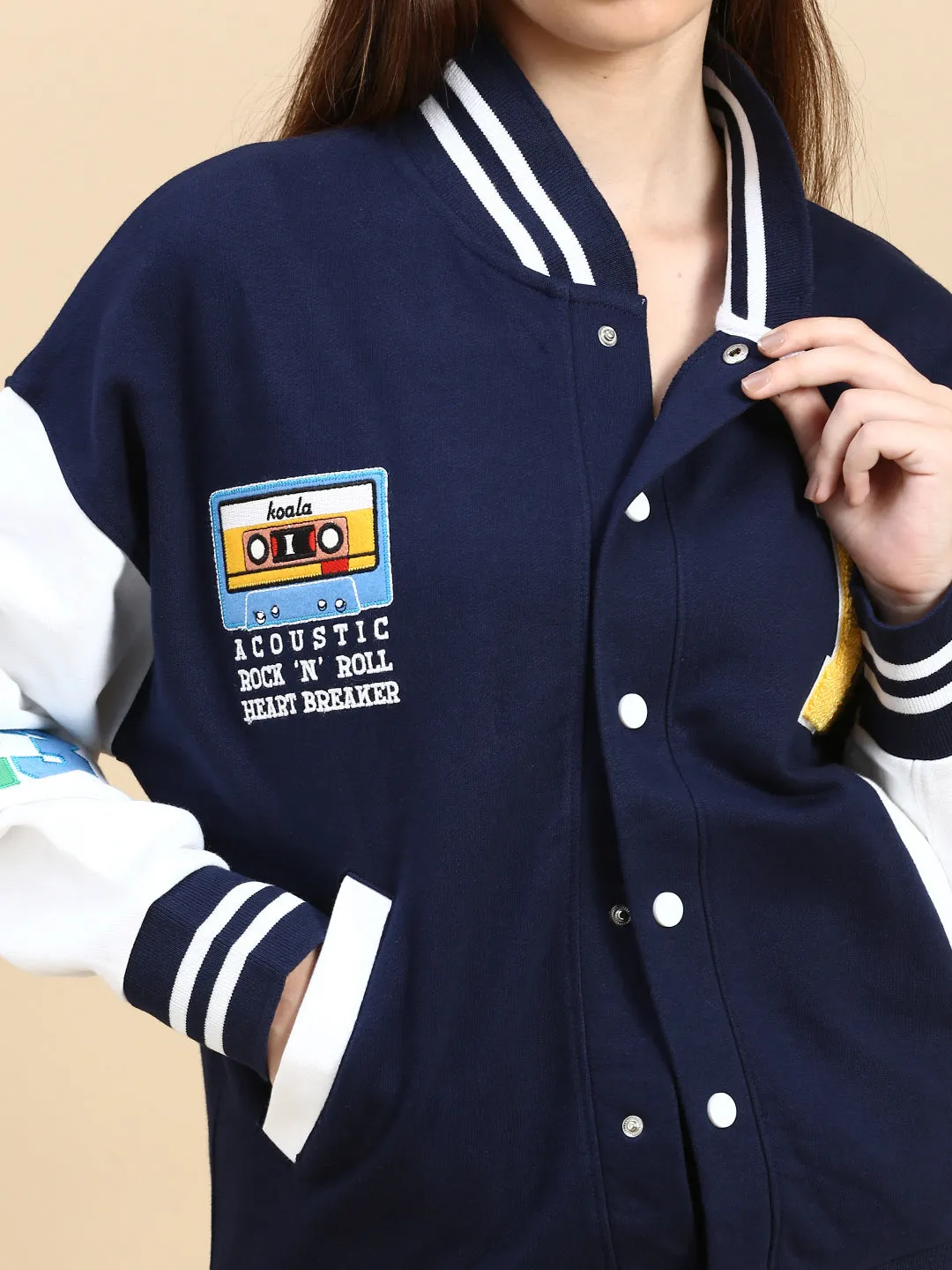 Oversized Fit Drop Shoulder Navy Blue Varsity Jacket with Patchwork