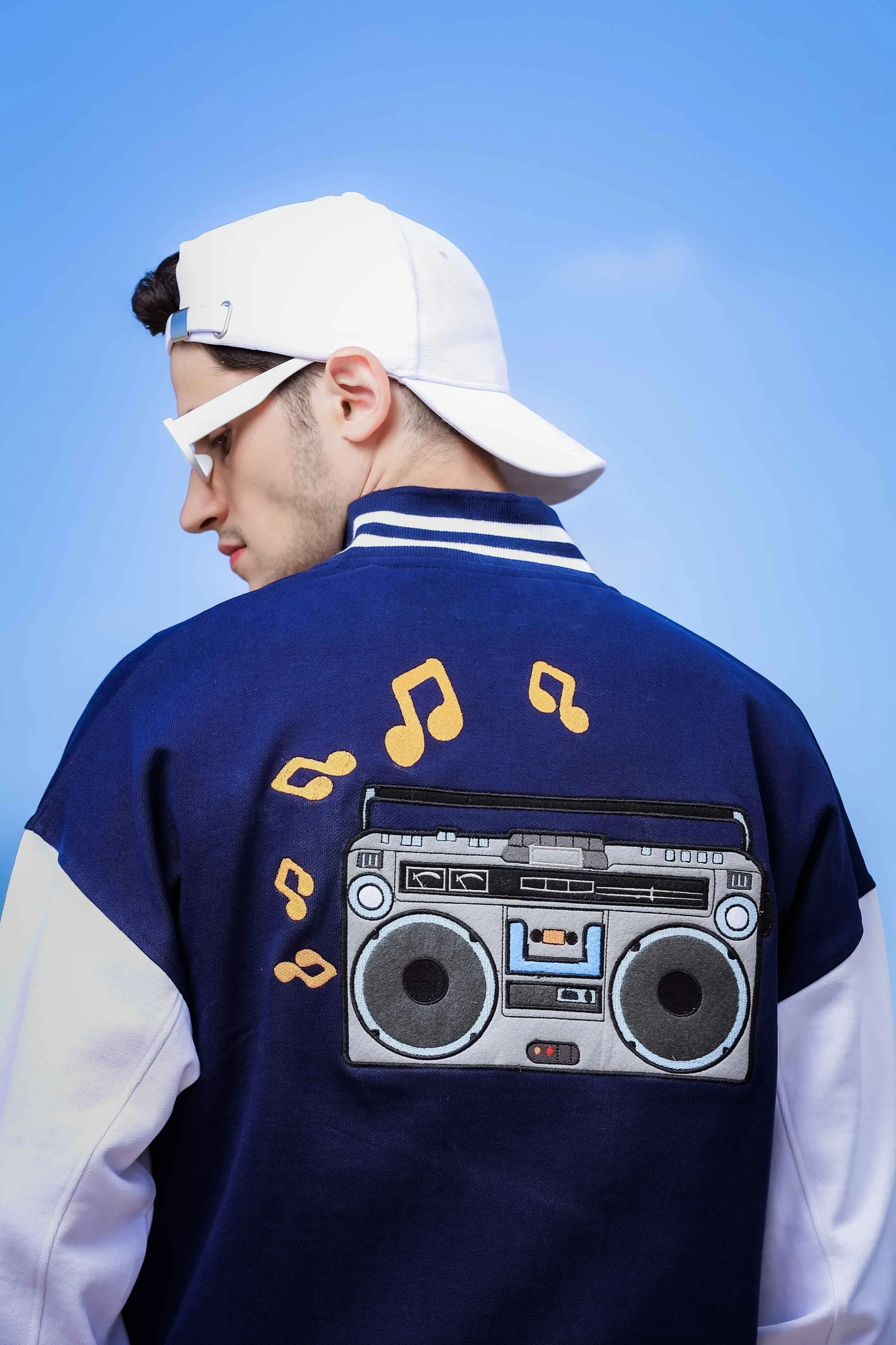 Oversized Fit Drop Shoulder Navy Blue Varsity Jacket with Patchwork