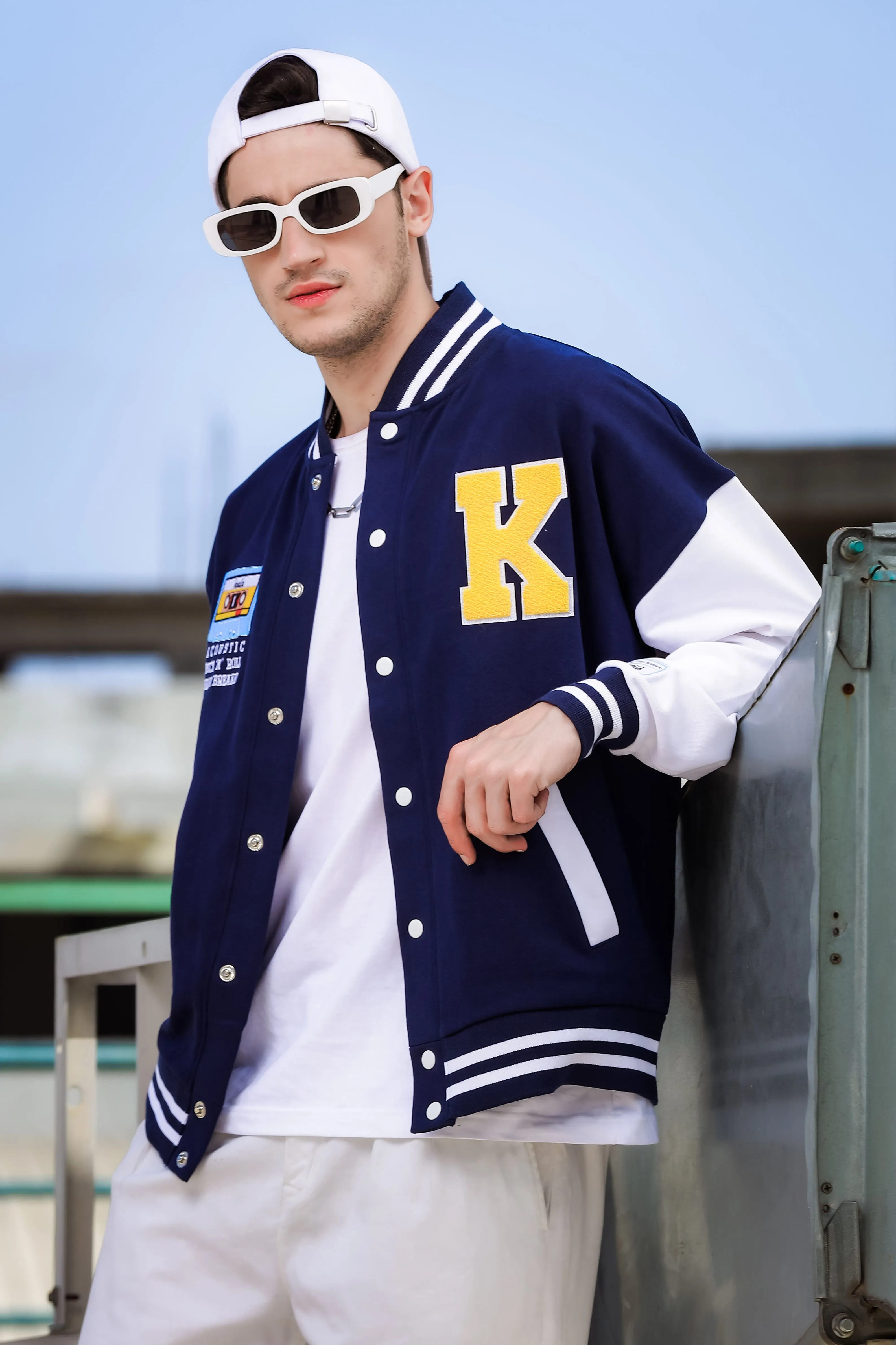 Oversized Fit Drop Shoulder Navy Blue Varsity Jacket with Patchwork