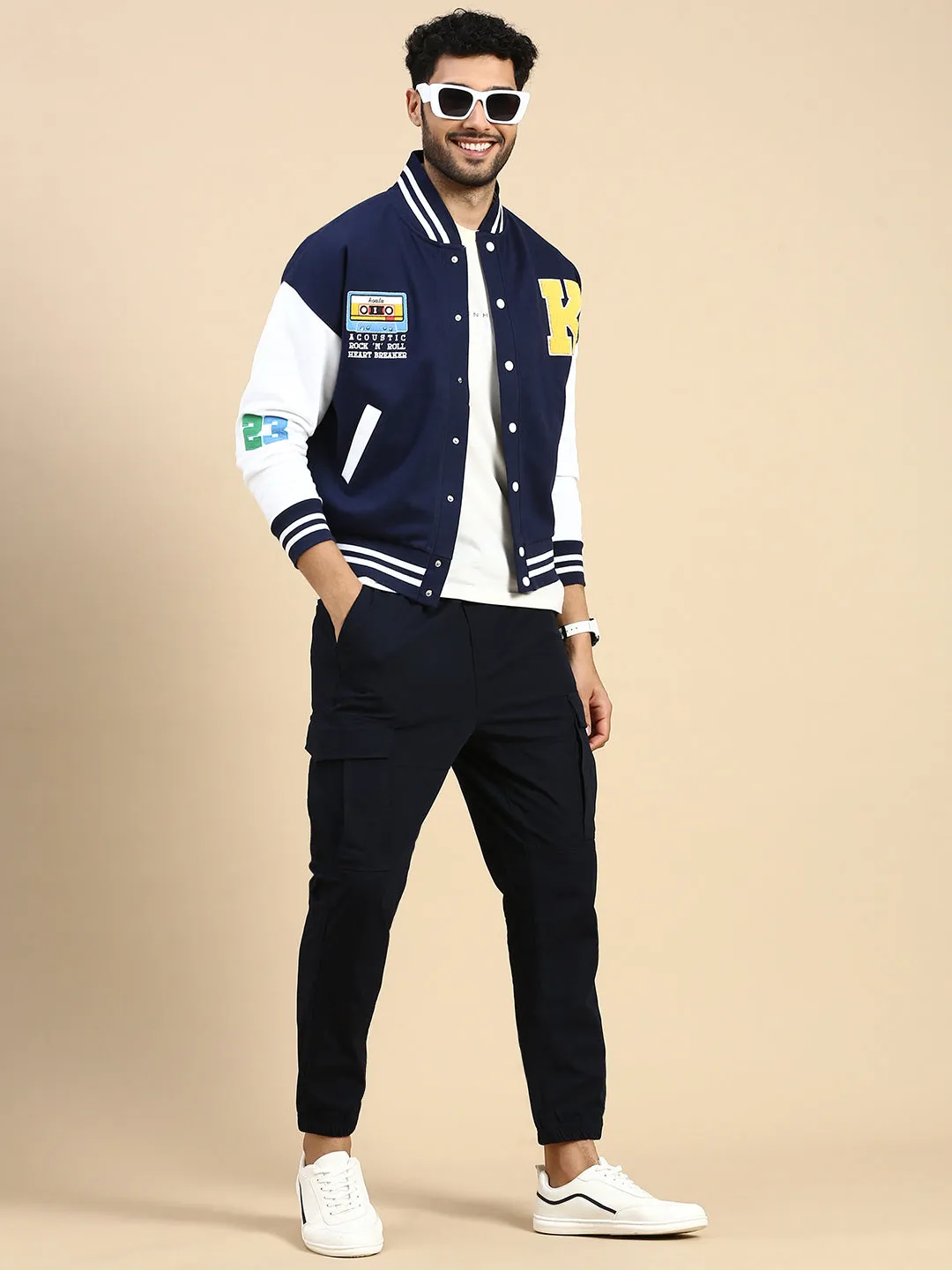 Oversized Fit Drop Shoulder Navy Blue Varsity Jacket with Patchwork
