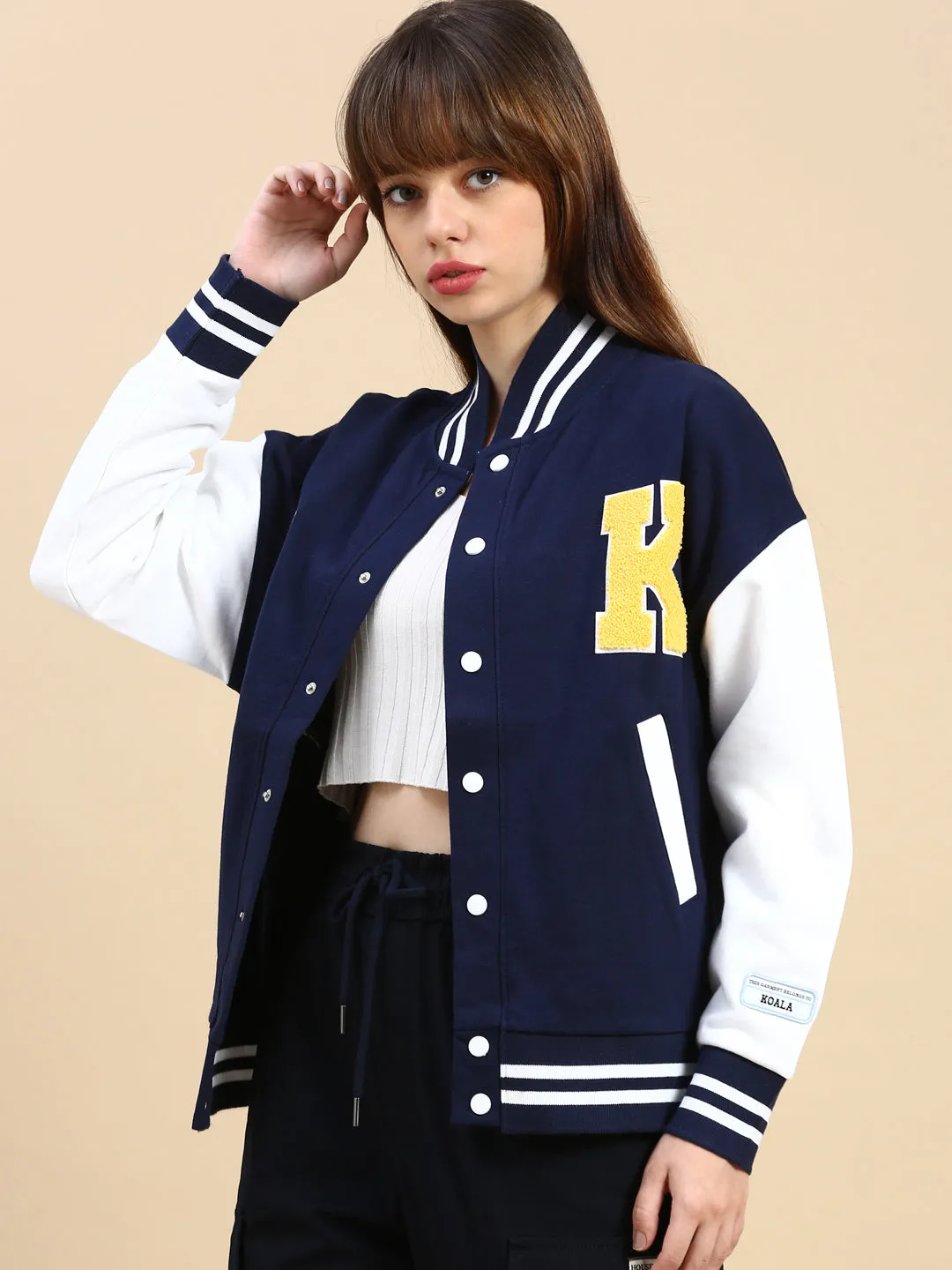 Oversized Fit Drop Shoulder Navy Blue Varsity Jacket with Patchwork