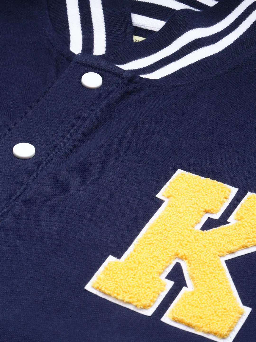 Oversized Fit Drop Shoulder Navy Blue Varsity Jacket with Patchwork