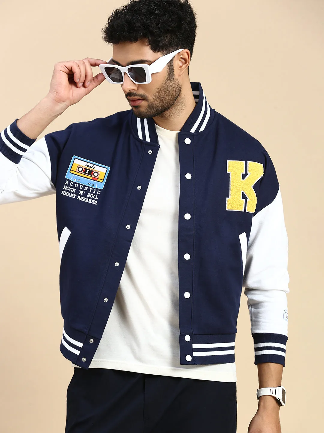 Oversized Fit Drop Shoulder Navy Blue Varsity Jacket with Patchwork