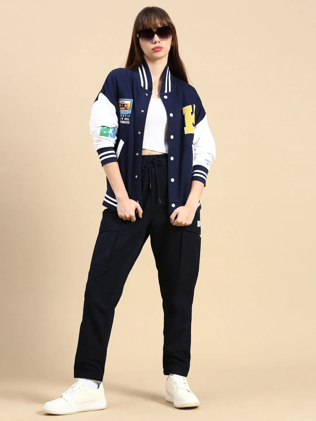 Oversized Fit Drop Shoulder Navy Blue Varsity Jacket with Patchwork