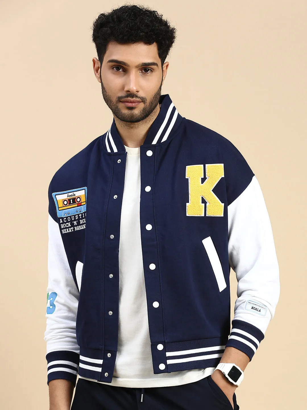 Oversized Fit Drop Shoulder Navy Blue Varsity Jacket with Patchwork