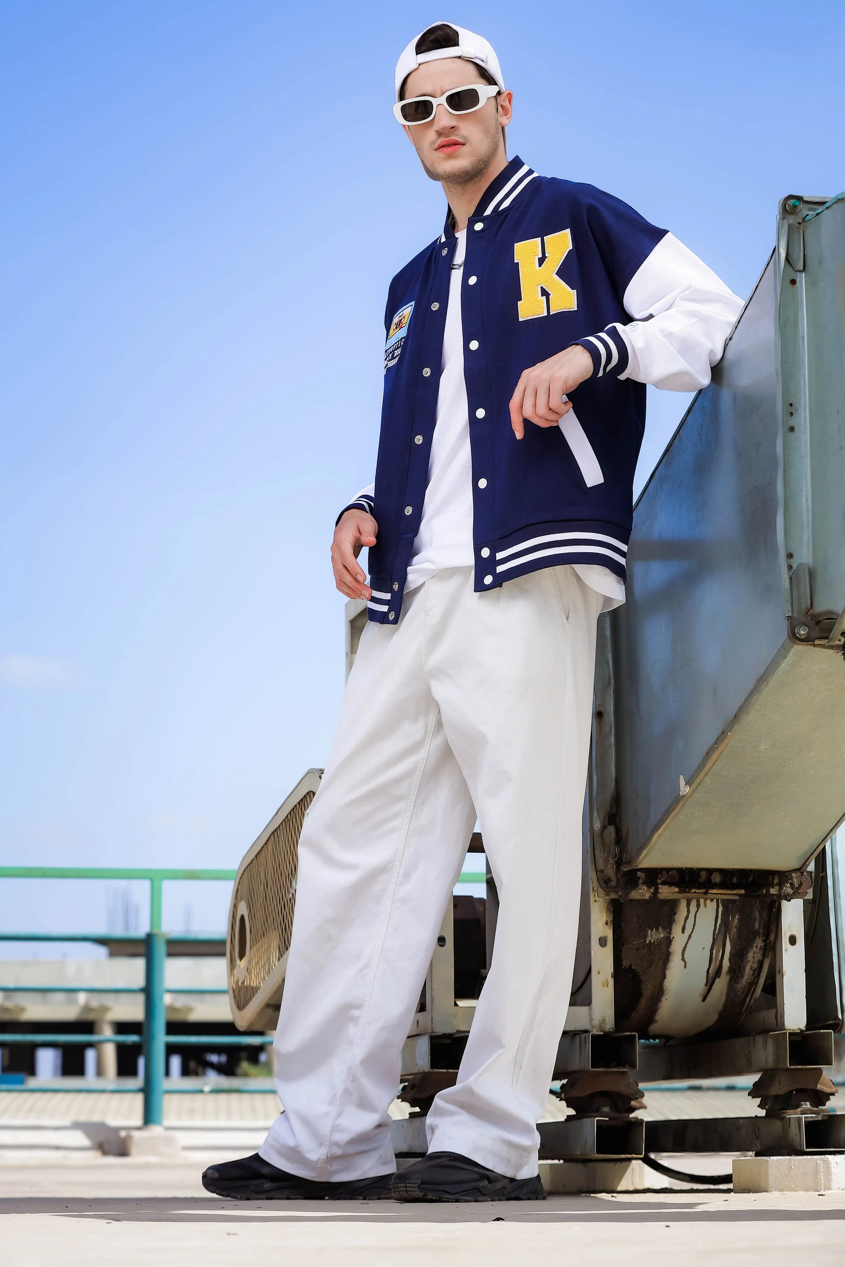 Oversized Fit Drop Shoulder Navy Blue Varsity Jacket with Patchwork