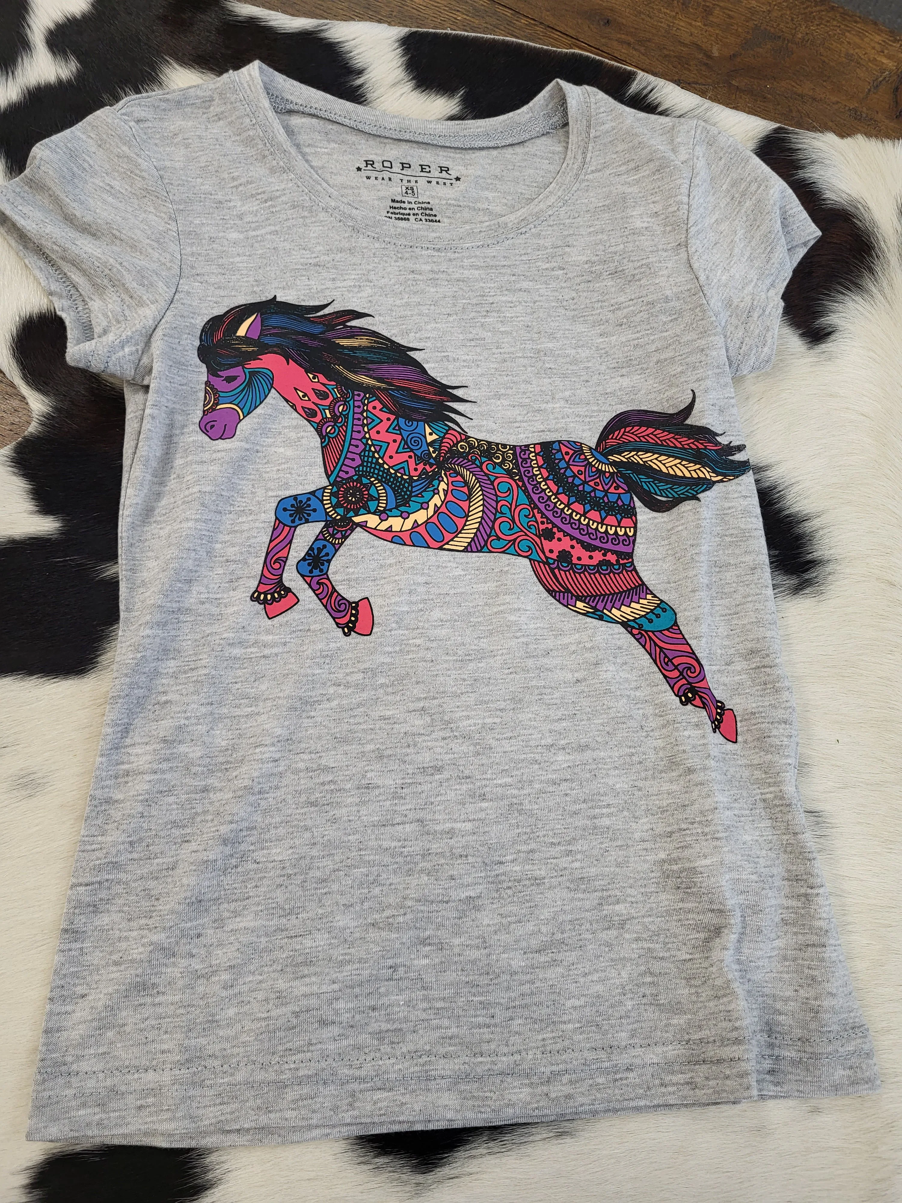 ROPER GIRLS HORSE SS SHIRT (GREY)